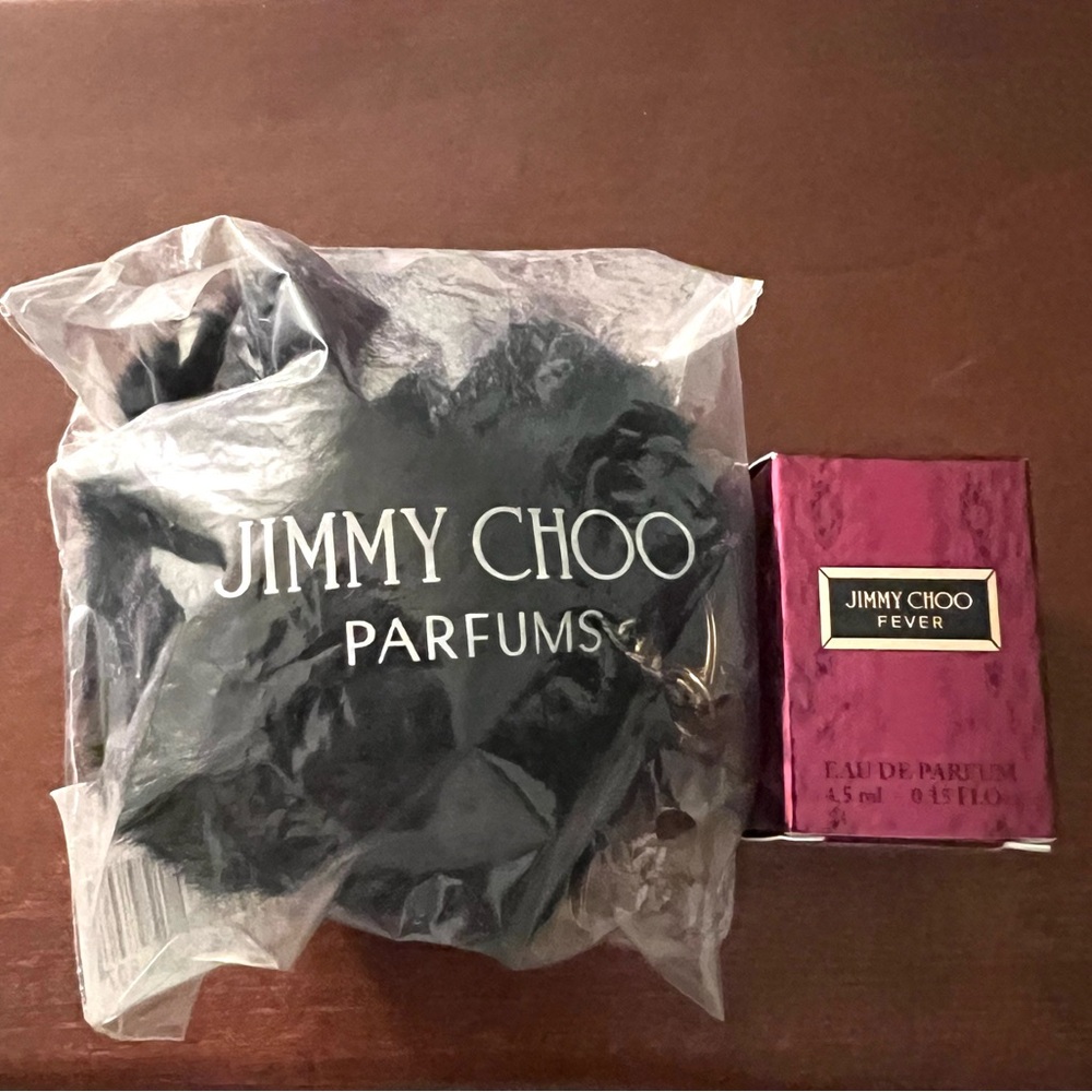 Jimmy Choo Parfums Set with Black Pom Pom keychain and sample perfume